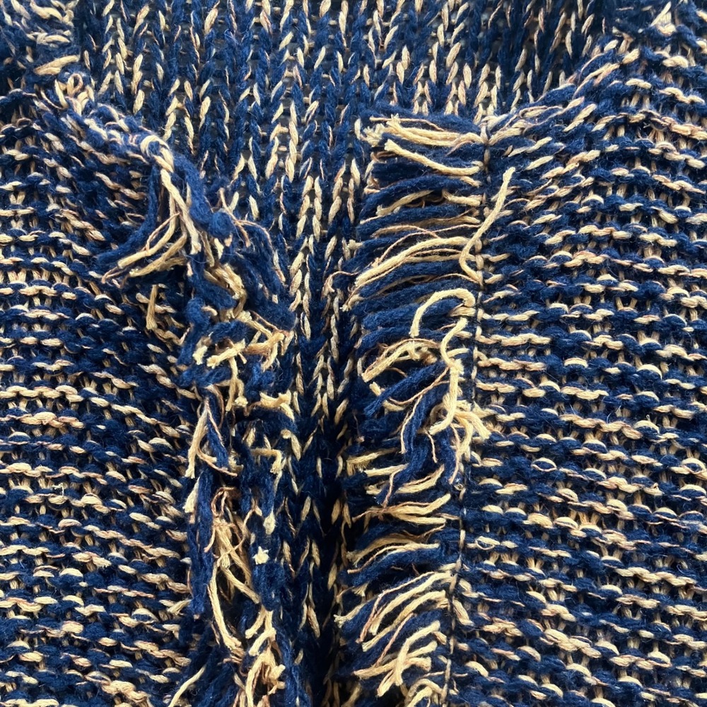 Sparrow Anthropologie Navy Tan Fringe Open Front Cardigan Sweater Wool Linen M - Picture 6 of 12